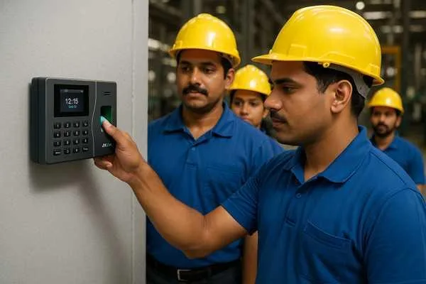 Workers registering attendance on a biometric fingerprint device