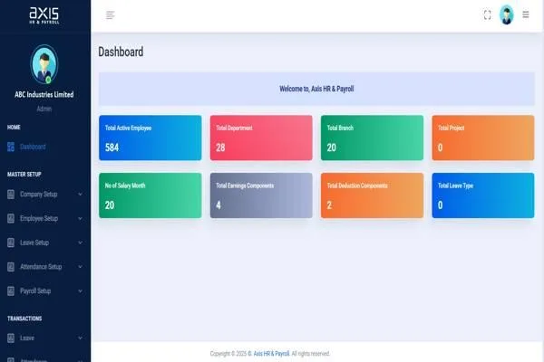 AXIS HR & Payroll dashboard showing active employees, departments, branches and salary components