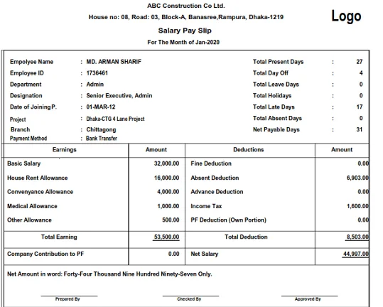 Sample salary pay slip with earnings, deductions and net salary